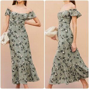 Reformation Butterfly Green Floral Midi Dress sz 10